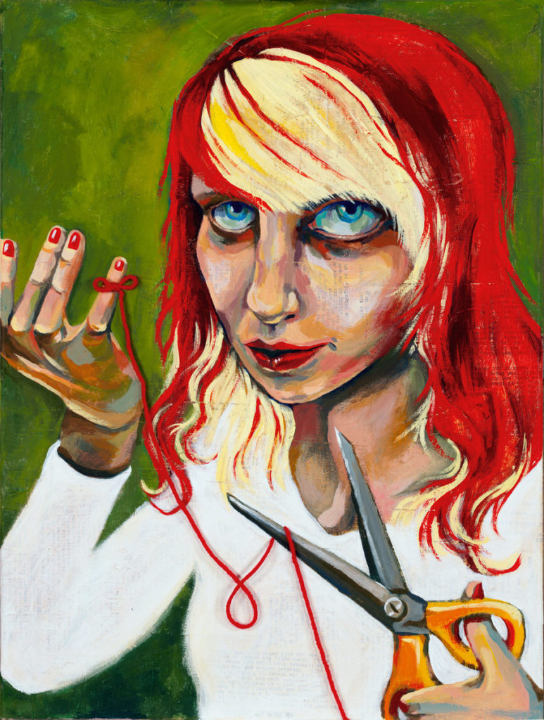 Painting of a woman with red hair holding a pair of scissors ready to cut a red string tied to her pinky finger.