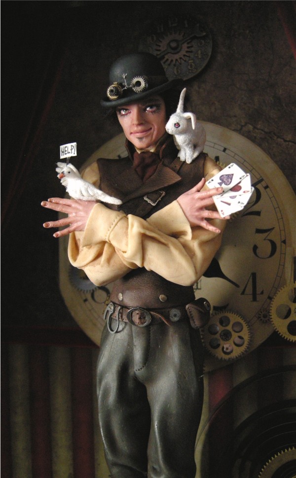 Polymer clay sculpture of a sideshow carnival magician with cards, white dove, and white rabbit - The Magician 4 by wingdthing via DeviantArt